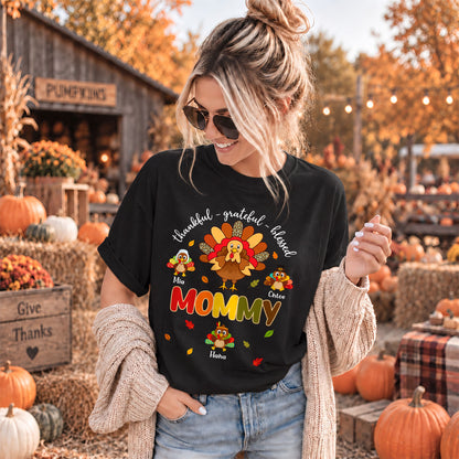 Personalized Thankful Grateful Blessed Grandma Sweatshirt, Custom Grandma Turkey with Grandkids Names Gift For Family