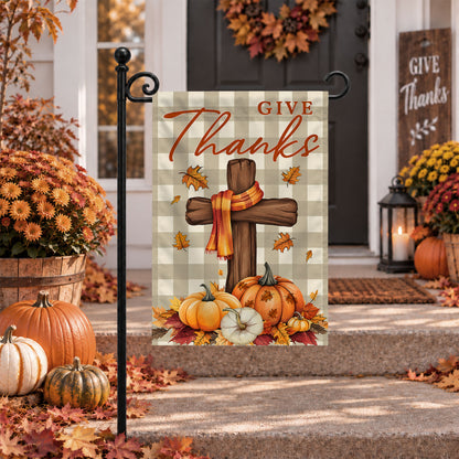 Give Thanks Fall Garden Flag, Rustic Cross Pumpkin Thanksgiving Yard Flag, Autumn Outdoor Decor