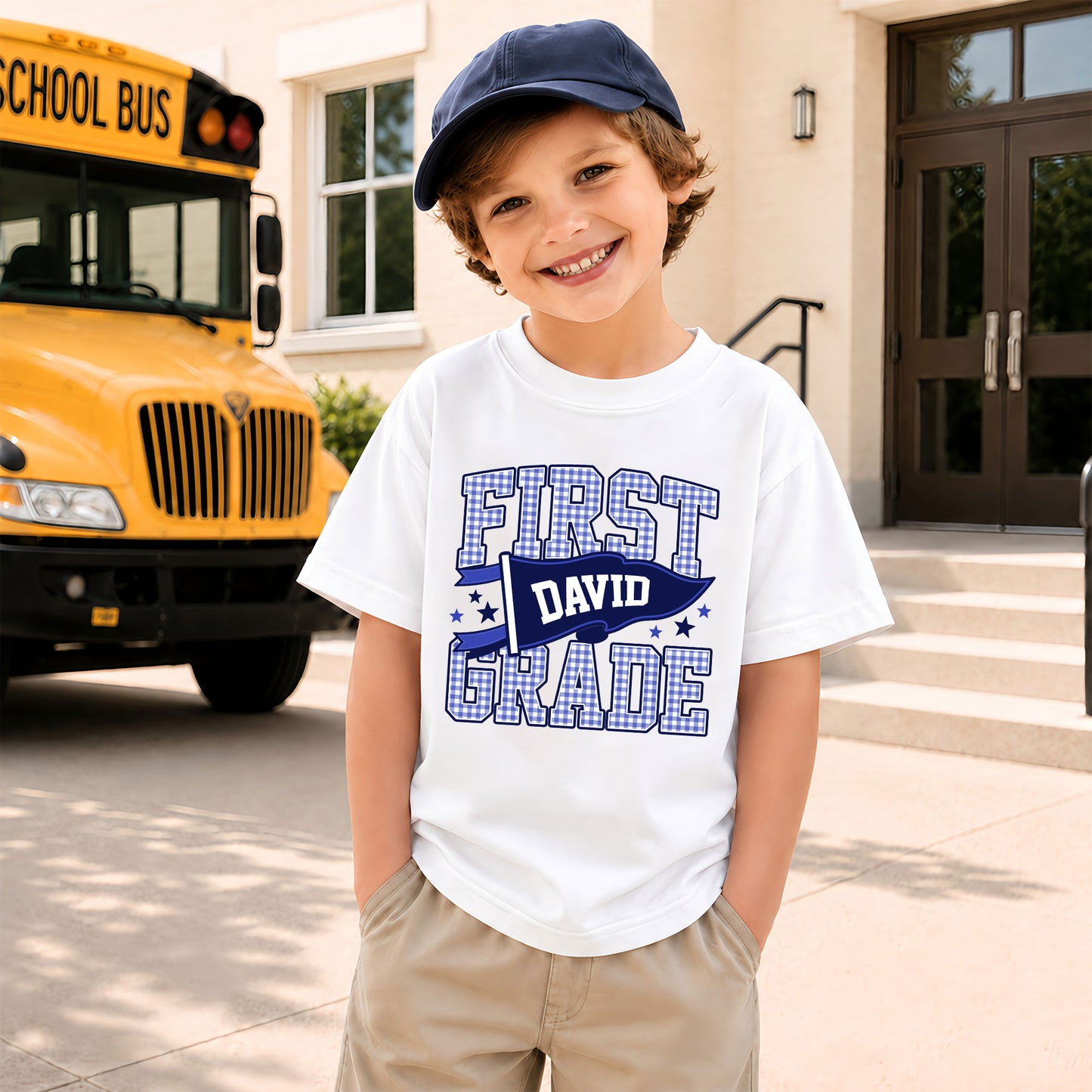 Personalized Back to School Shirt – Custom Name & Grade Preppy Striped Pennant Flag Color Tee for Teachers & Students, Pre-K to 8th Grade Outfit