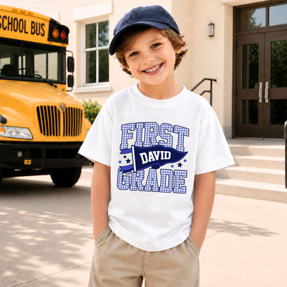 Personalized Back to School Shirt – Custom Name & Grade Preppy Striped Pennant Flag Color Tee for Teachers & Students, Pre-K to 8th Grade Outfit