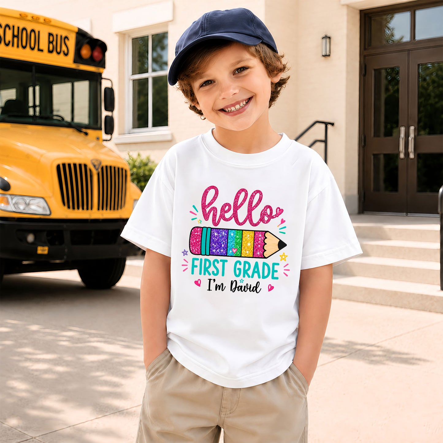 Personalized Hello School Shirt for Kids – Custom Name & Grade Back to School Tee for Pre-K to 8th Grade Students