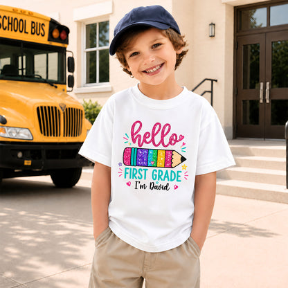Personalized Hello School Shirt for Kids – Custom Name & Grade Back to School Tee for Pre-K to 8th Grade Students