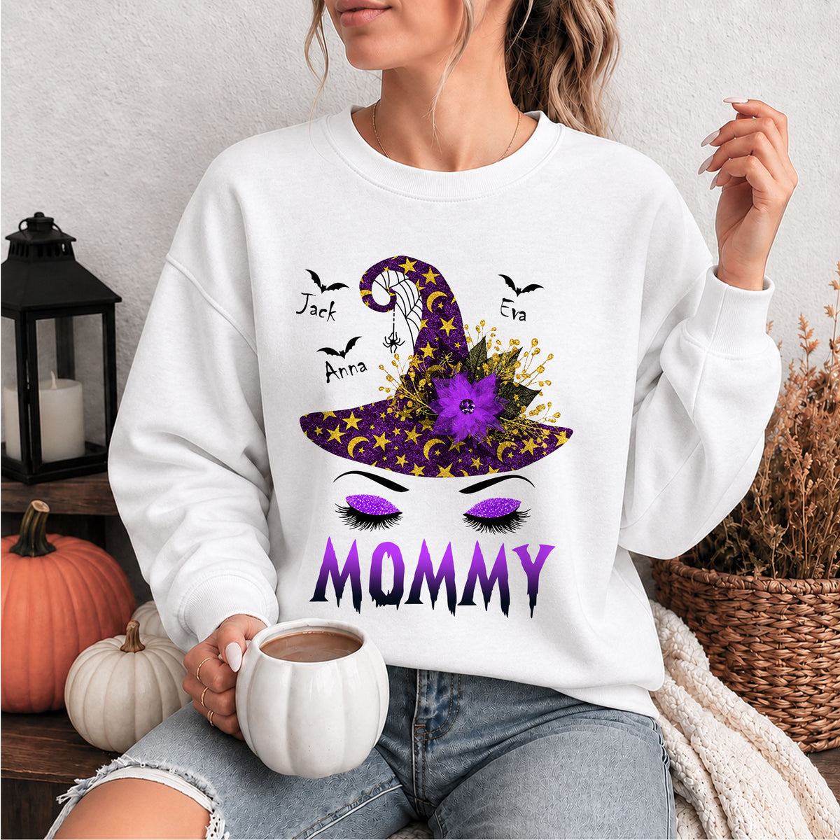 Personalized Grandma Witch Hat Sweatshirt, Custom Grandkids Names Halloween Shirt, Purple Witch Hat Family Gift