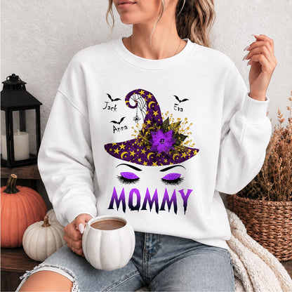 Personalized Grandma Witch Hat Sweatshirt, Custom Grandkids Names Halloween Shirt, Purple Witch Hat Family Gift