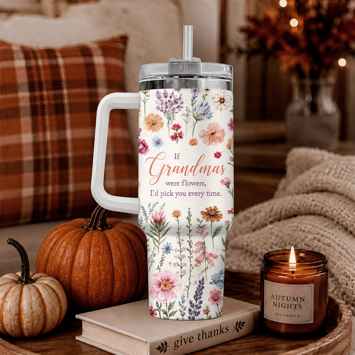 Personalized Thanksgiving Tumbler 40oz with Handle, Floral Fall Design, Gift For Grandma