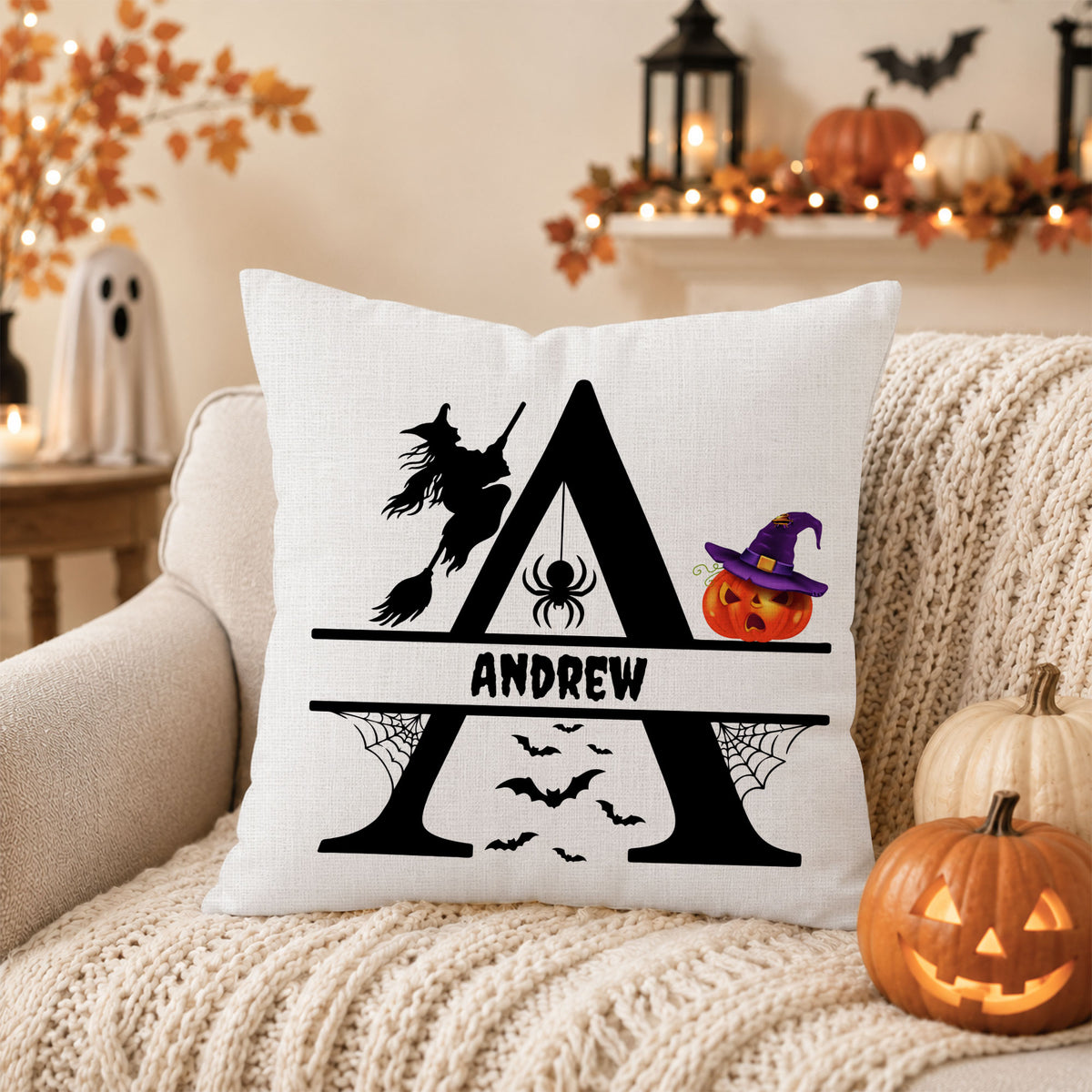Personalized Halloween Pillow, Custom Alphabet Initial & Name Pumpkin Throw Pillow Gift for Kids and Family