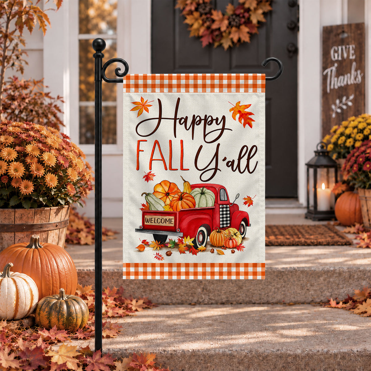 Hello Fall Garden Flag, Welcome Truck Happy Fall Ya'll Floral Pumpkin Outdoor Decor Gift For Family