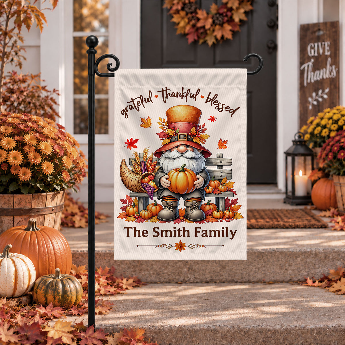 Personalized Thanksgiving Family Flag, Gnome Fall Garden Custom Family Name, Outdoor Decor Gift For Family