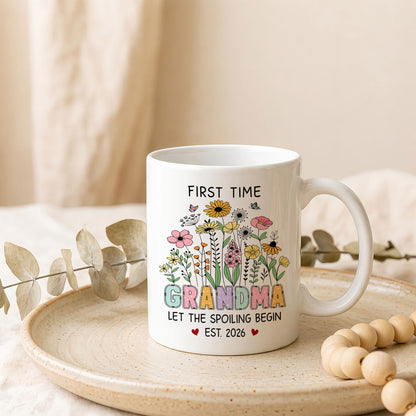 Personalized First Time Grandma Mug – Let The Spoiling Begin Coffee Mug, New Grandma Gift Est 2026