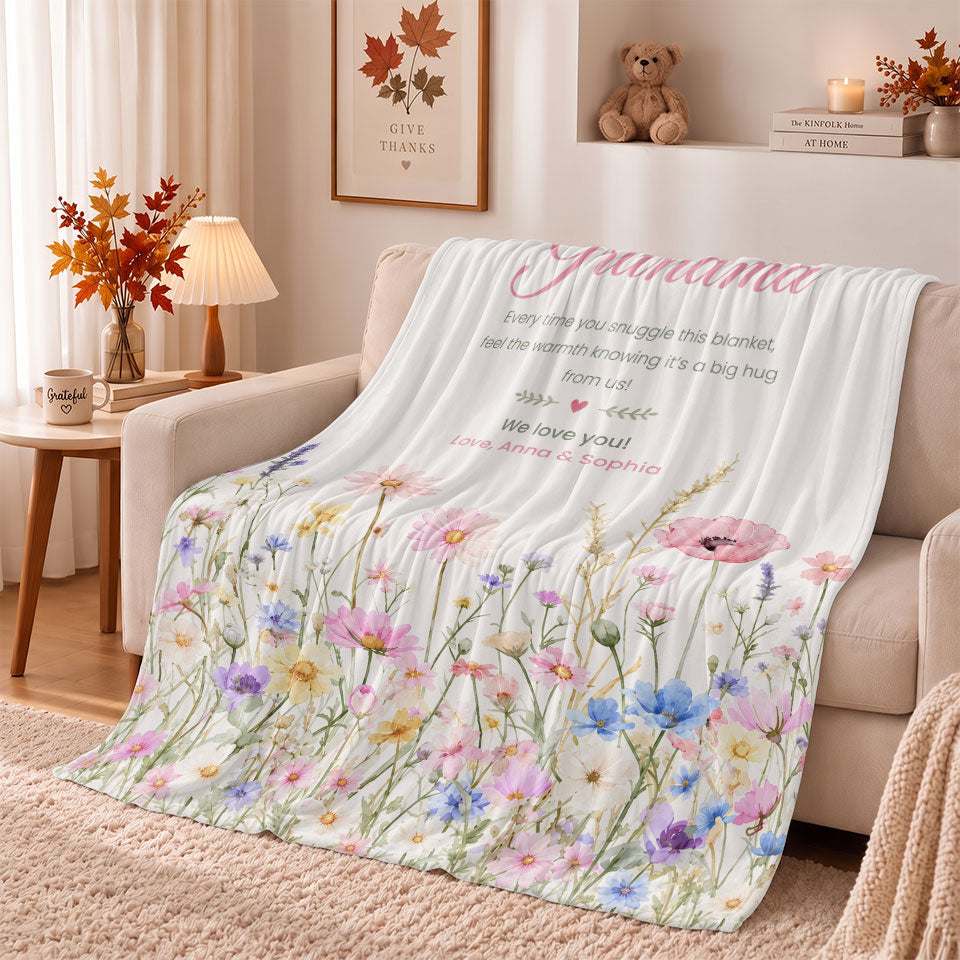 Personalized Grandma Thanksgiving Fleece or Sherpa Blanket, Floral Garden Family Custom Gift for Grandma