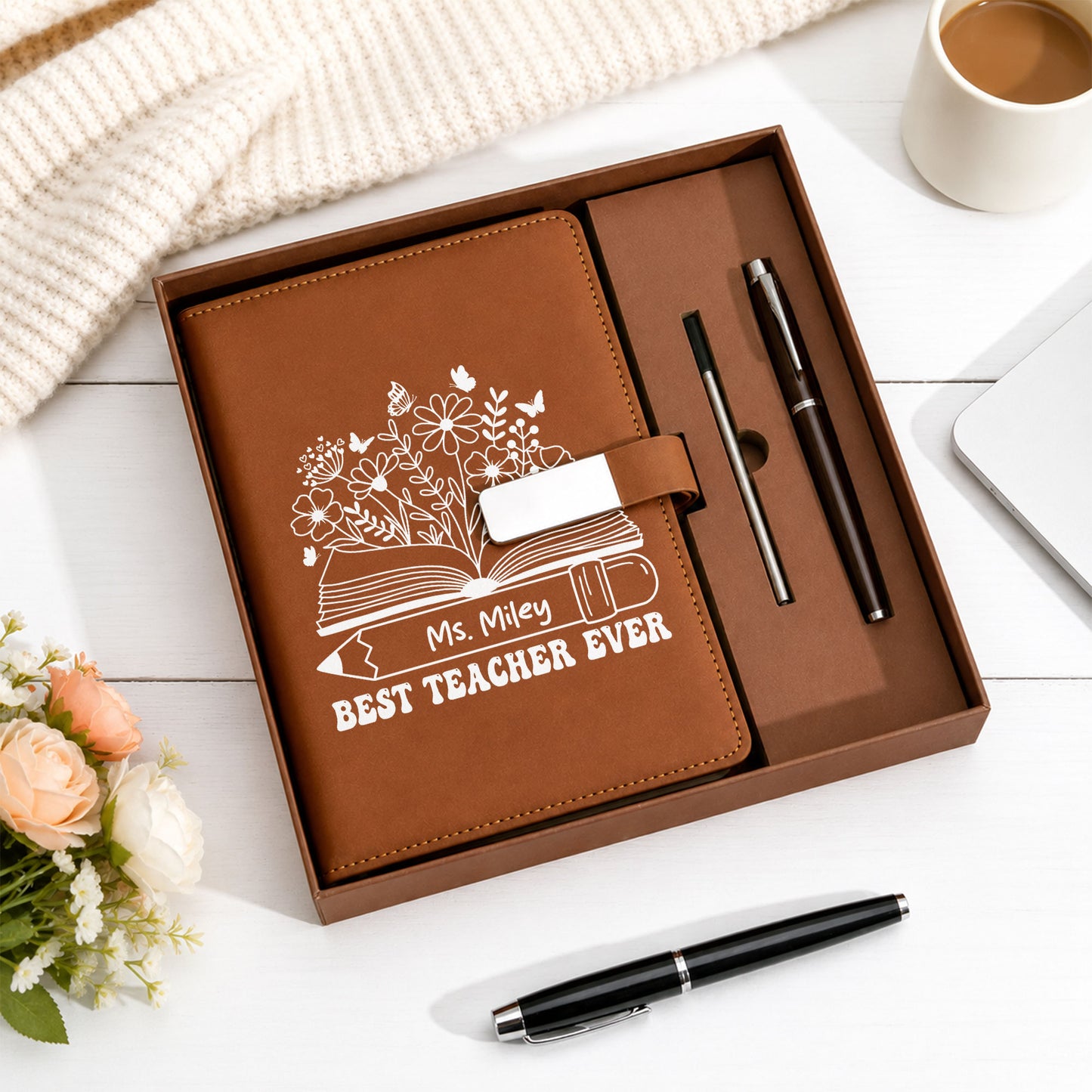 Best Teacher Ever Notebook - Custom Name Leather Notebook Gift Set - Thank You Teacher Gift