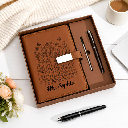 Personalized Teacher Journal Gift Set - Floral Book Stack Teacher Leather Notebook - Teacher Thank You Gift