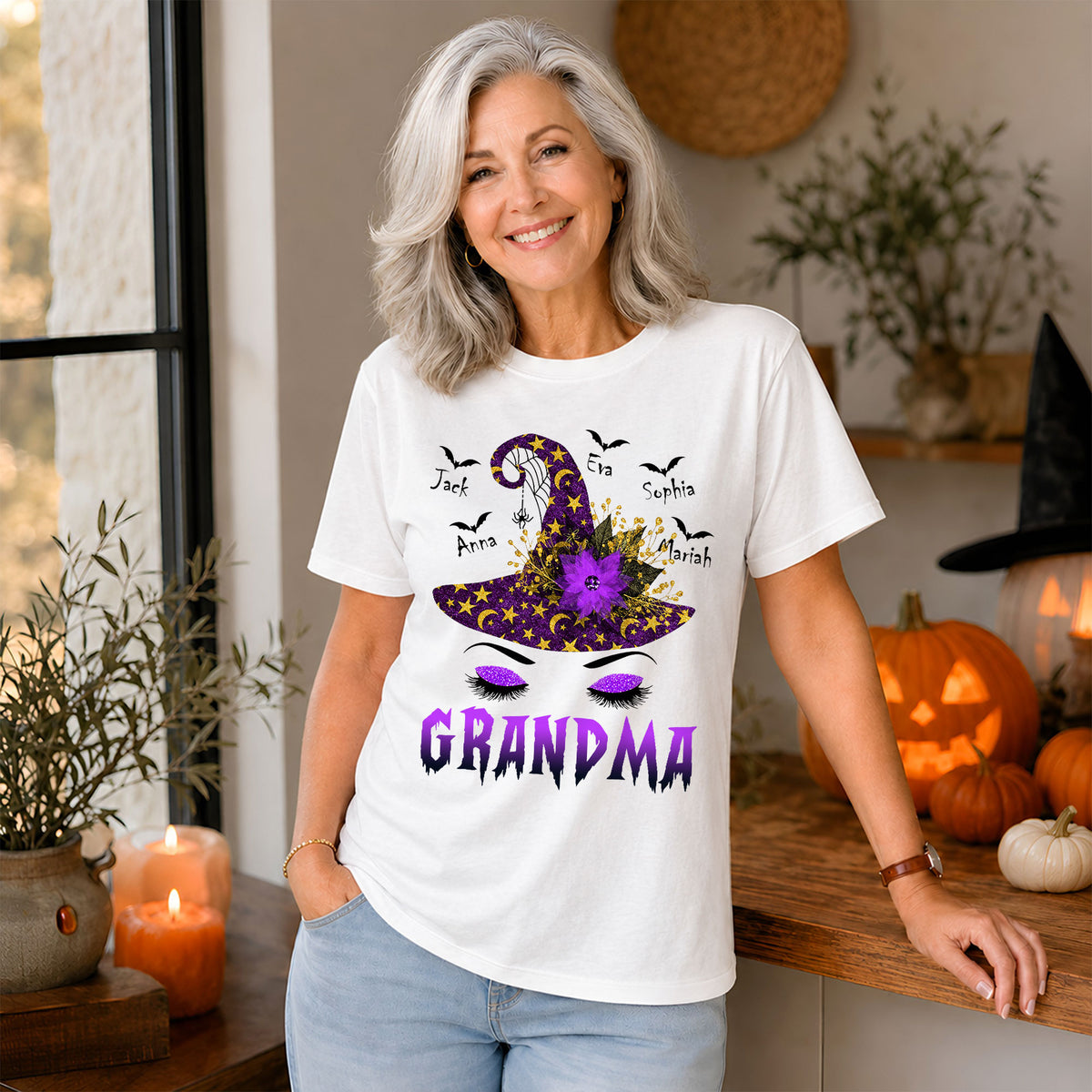 Personalized Grandma Witch Hat Sweatshirt, Custom Grandkids Names Halloween Shirt, Purple Witch Hat Family Gift