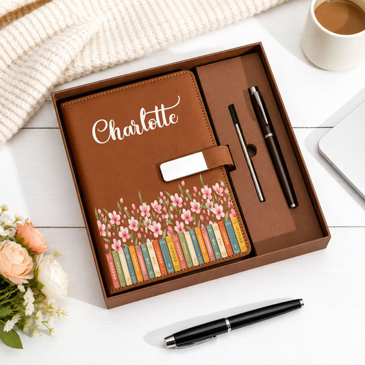 Personalized Leather Journal Gift Set – Birth Month Flower Book Stack Notebook - Gift for Women, Teachers, Friends