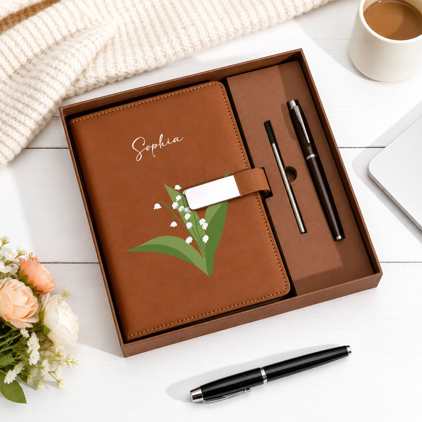 Personalized Leather Notebook Set with Custom Name, Floral Journal Gift Set with Pen for Women, Teacher, Student, Office