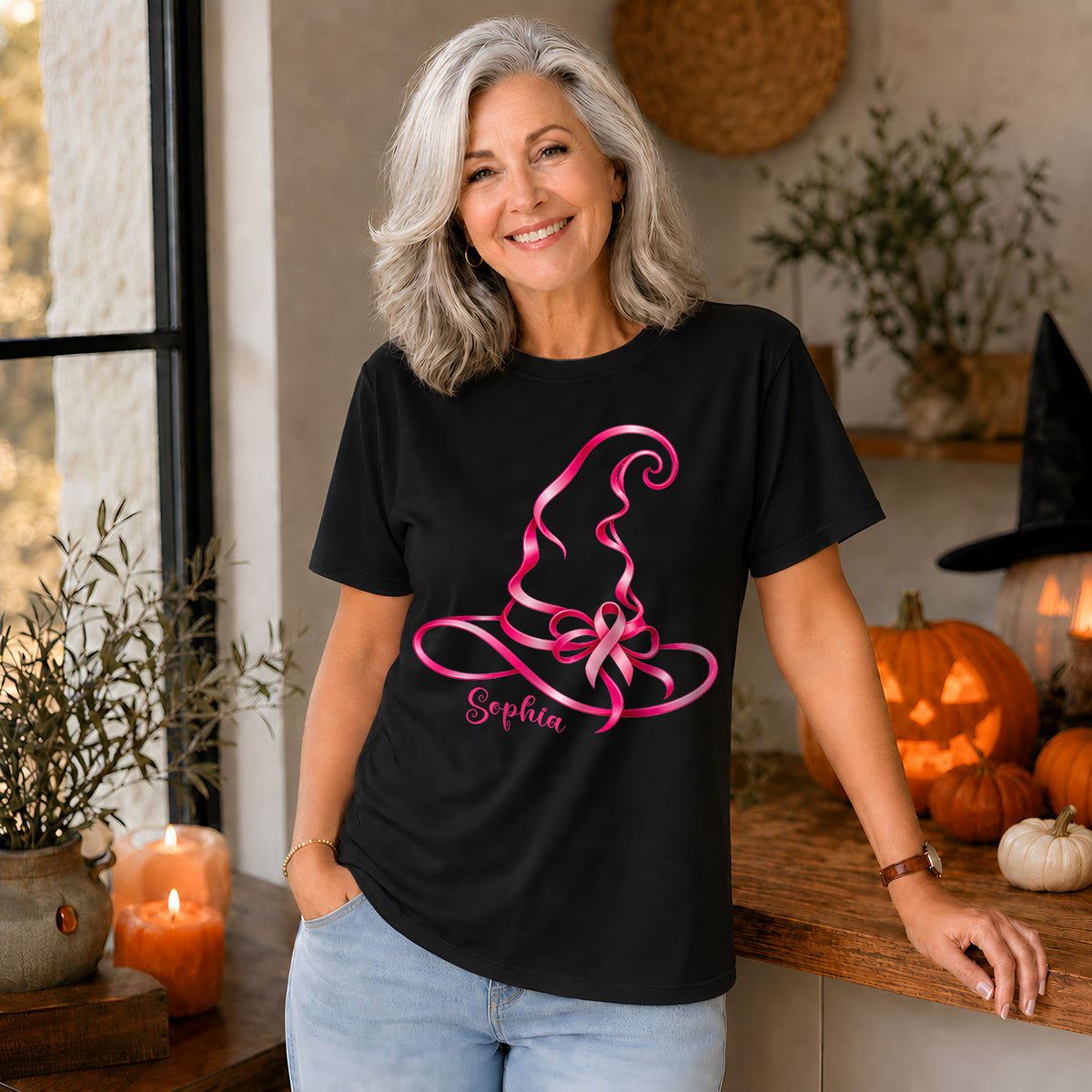 Personalized Halloween Breast Cancer Awareness T-Shirt & Sweater for Women, Pink Ribbon Witch Hat Design, Custom Name Family Matching Tee