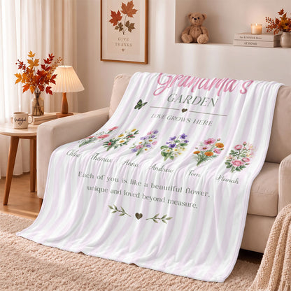 Personalized Grandma Thanksgiving Fleece & Sherpa Blanket, Family Garden Floral Custom Name Gift for Grandma