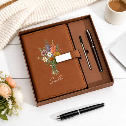 Personalized Leather Notebook Set with Custom Name, Floral Journal Gift Set with Pen for Women, Teacher, Student, Office