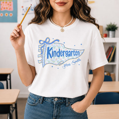 Personalized Back to School Shirt – Custom Name & Grade Preppy Striped Pennant Flag Color Tee for Teachers & Students, Pre-K to 8th Grade Outfit