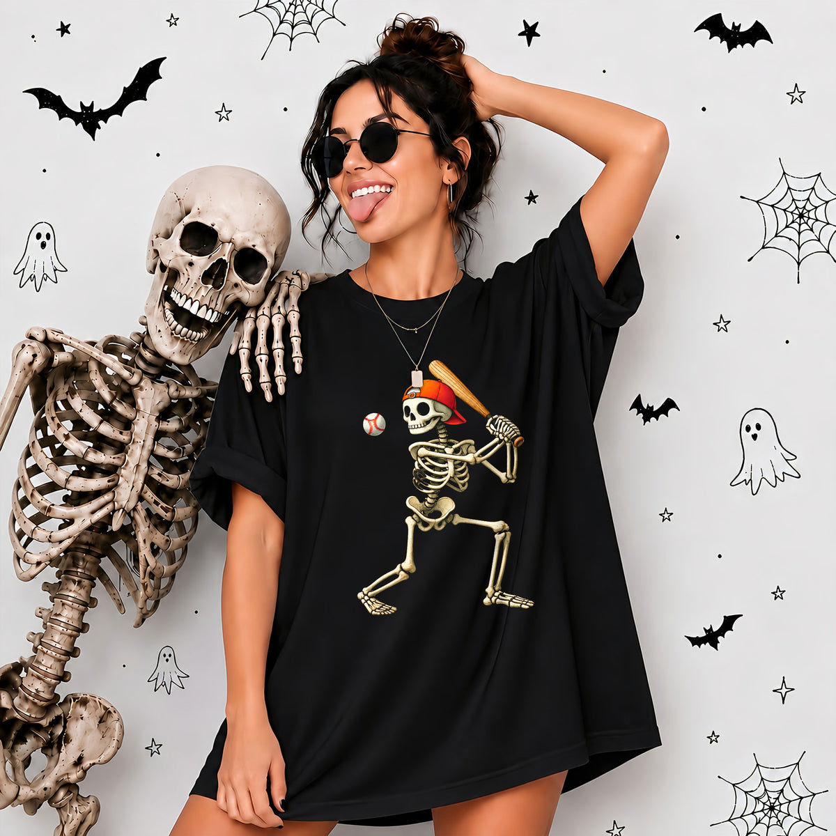 Baseball Skeleton Graphic Halloween Sweatshirt, Spooky Baseball Player Shirt, Funny Halloween Gift