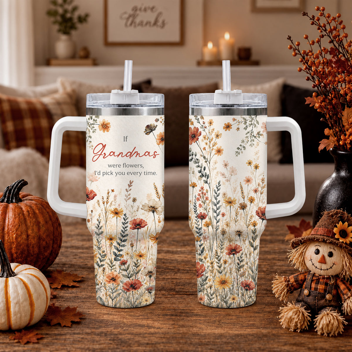 Personalized Thanksgiving Tumbler 40oz with Handle, Floral Fall Design, Gift For Grandma