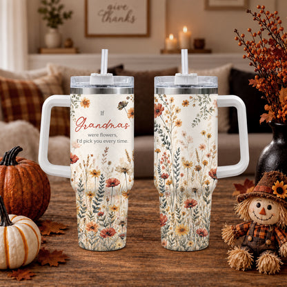 Personalized Thanksgiving Tumbler 40oz with Handle, Floral Fall Design, Gift For Grandma