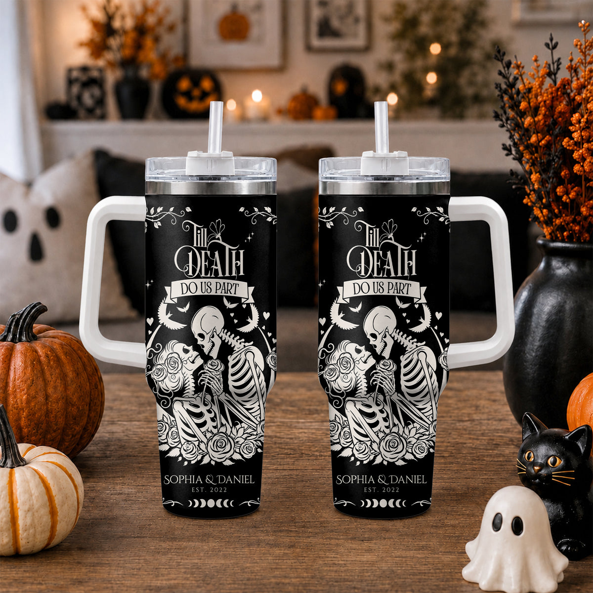 Personalized Skeleton Couple Halloween Tumbler 40oz, Gothic Skeleton with Roses, Halloween Gift for Couples