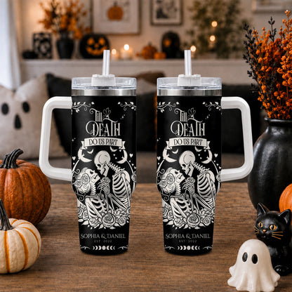 Personalized Skeleton Couple Halloween Tumbler 40oz, Gothic Skeleton with Roses, Halloween Gift for Couples