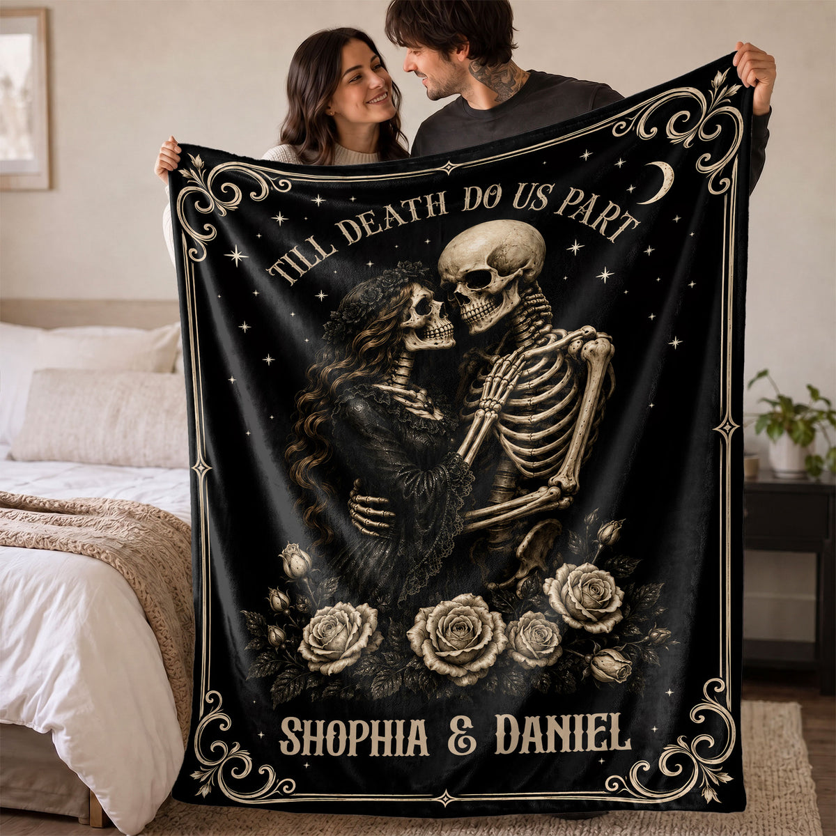 Personalized Skeleton Couple Fleece & Sherpa Blanket, Gothic Blanket with Roses, Halloween Gift for Couples