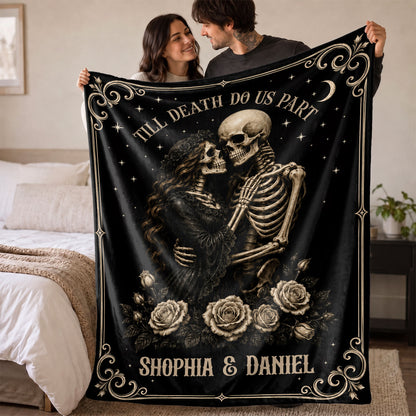 Personalized Skeleton Couple Fleece & Sherpa Blanket, Gothic Blanket with Roses, Halloween Gift for Couples