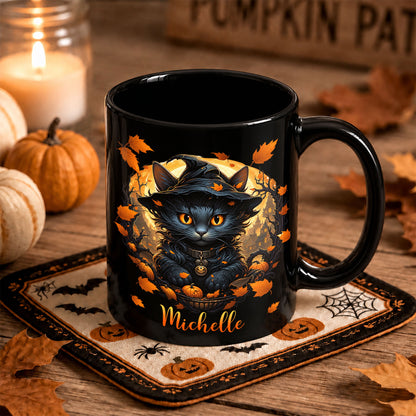 Personalized Halloween Cat Mug, Cute Black Cat Witch Hat Pumpkin Mug, Custom Name Fall Coffee Cup, Halloween Gift for Cat Lovers
