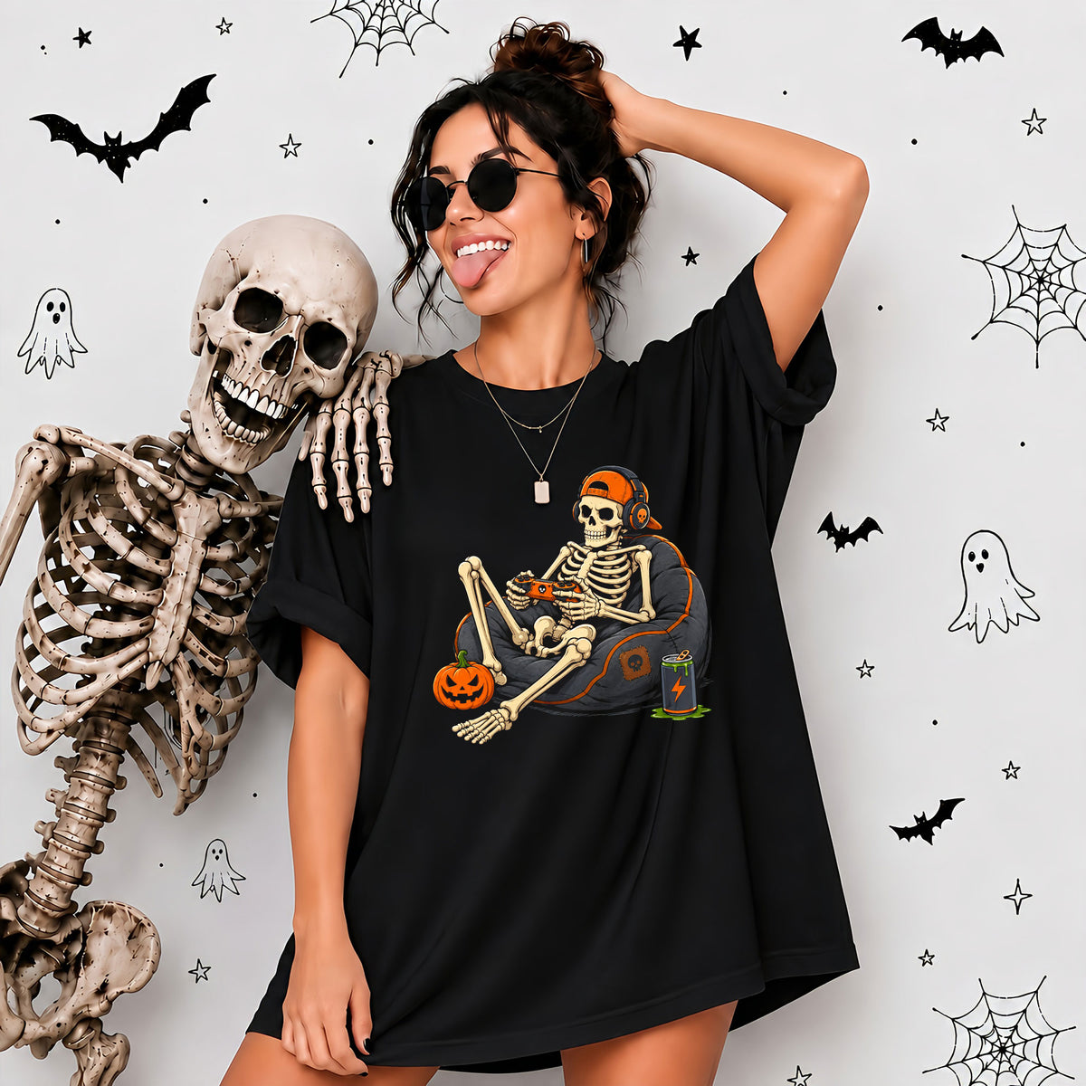 Skeleton Gamer Halloween Sweatshirt, Boys Pumpkin Gaming Shirt, Funny Halloween Gift