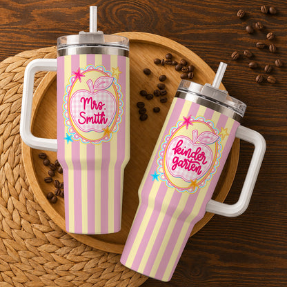 Personalized Teacher & Student Tumbler 40oz with Handle – Custom Name & Grade, Striped Apple School Tumbler for Preschool to 8th Grade