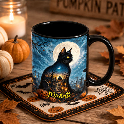 Personalized Halloween Cat Mug, Cute Black Cat Witch Hat Pumpkin Mug, Custom Name Fall Coffee Cup, Halloween Gift for Cat Lovers