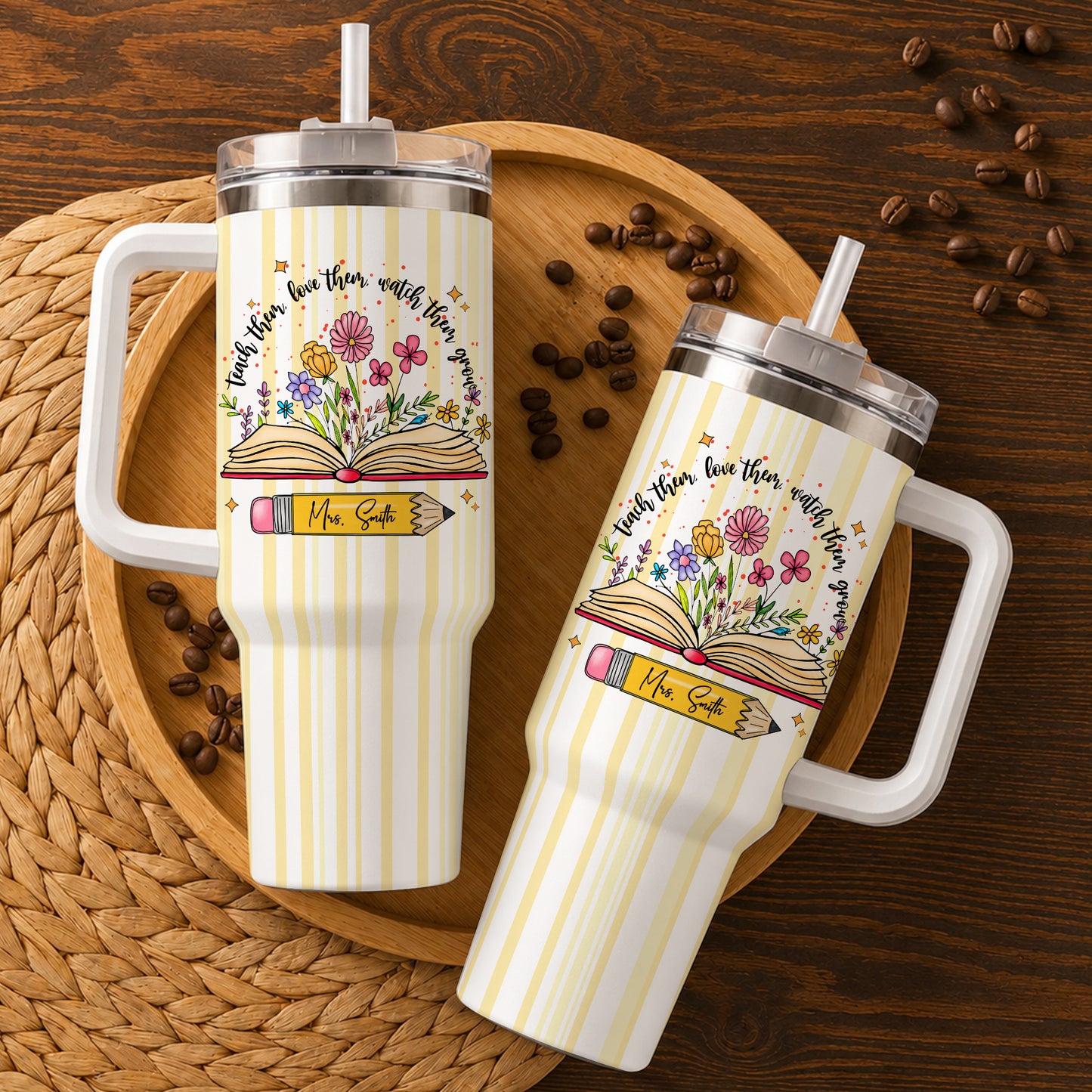 Personalized 40oz Teacher Tumbler with Handle & Straw – Custom Floral Teacher Gift for Back to School, First Day of School & Teacher Appreciation