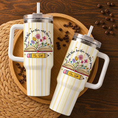 Personalized 40oz Teacher Tumbler with Handle & Straw – Custom Floral Teacher Gift for Back to School, First Day of School & Teacher Appreciation