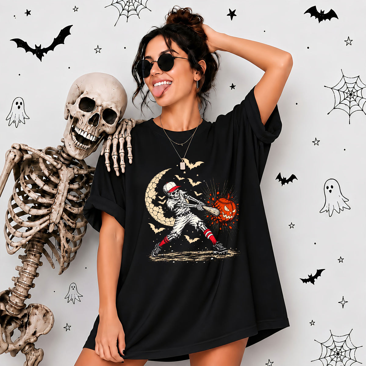 Baseball Skeleton Graphic Halloween Sweatshirt, Spooky Baseball Player Shirt, Funny Halloween Gift