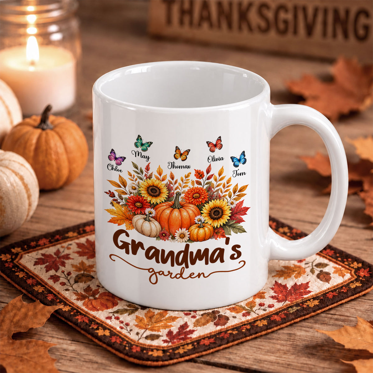 Personalized Grandma’s Garden Mug, Custom Grandkids, Thanksgiving Autumn Gift For Grandma