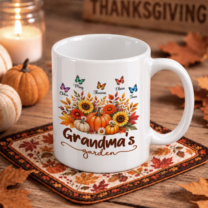 Personalized Grandma’s Garden Mug, Custom Grandkids, Thanksgiving Autumn Gift For Grandma
