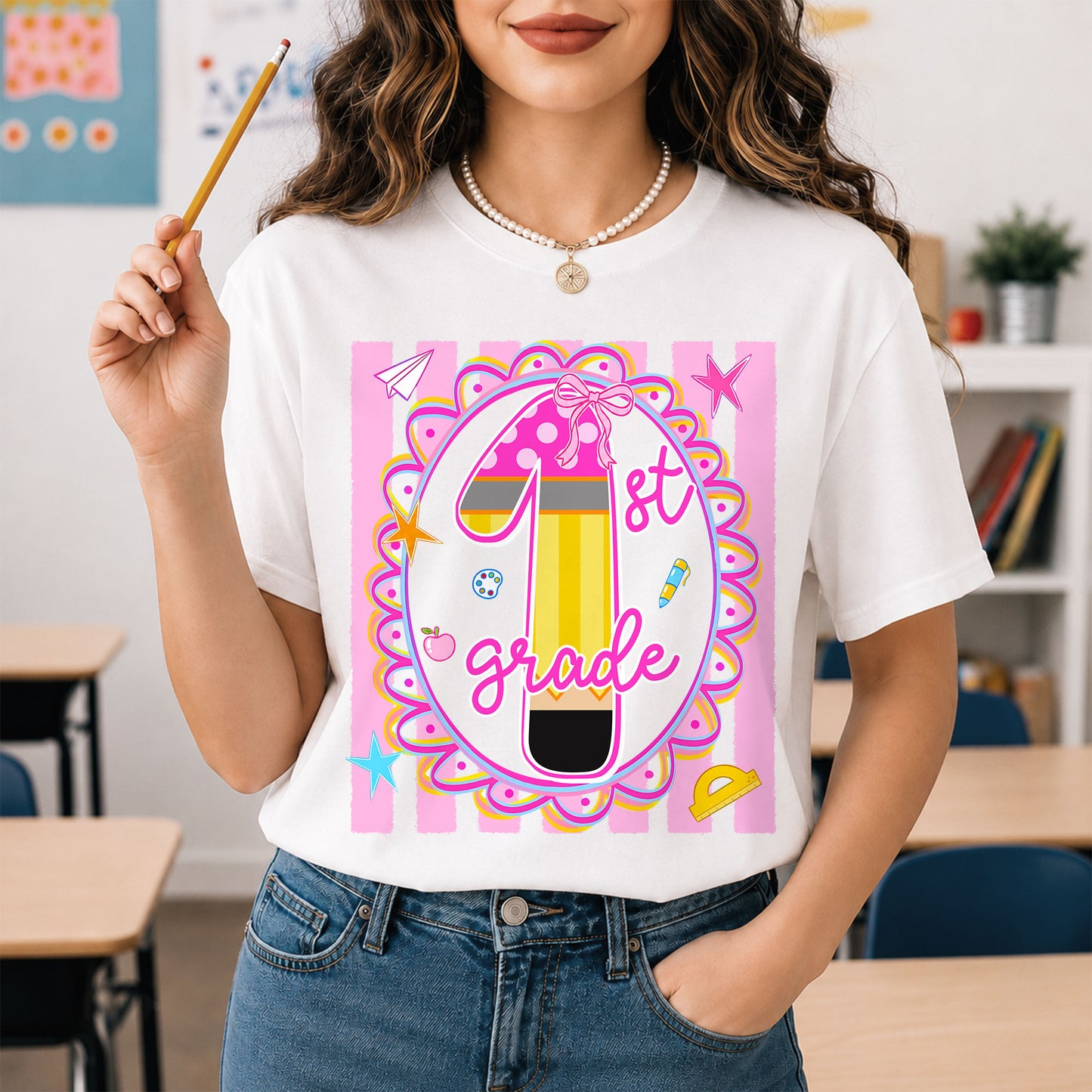 Personalized Back to School Shirt – Custom Name & Grade Preppy Striped Pennant Flag Color Tee for Teachers & Students, Pre-K to 8th Grade Outfit
