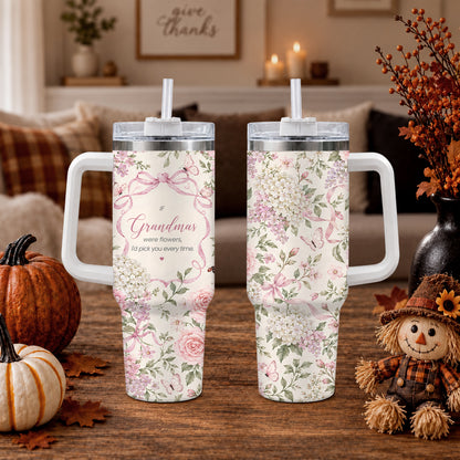 Personalized Thanksgiving Tumbler 40oz with Handle, Floral Fall Design, Gift For Grandma