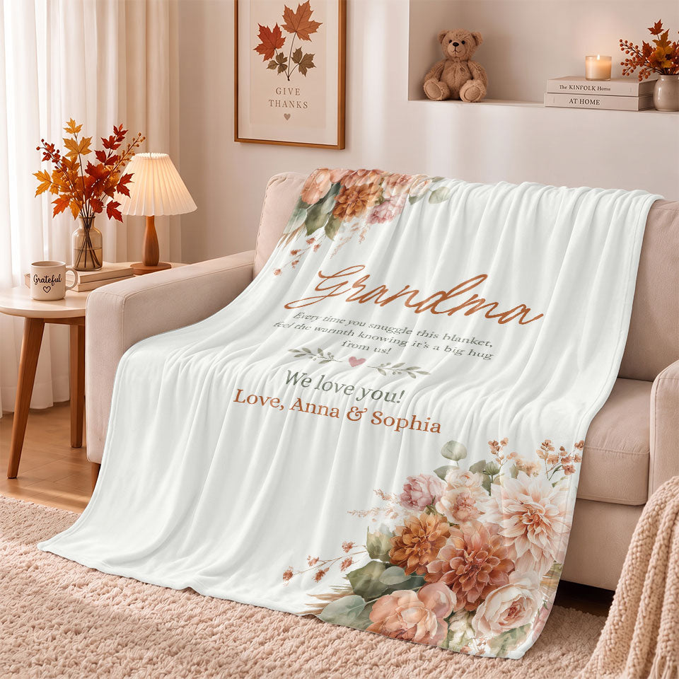 Personalized Grandma Thanksgiving Fleece or Sherpa Blanket, Floral Garden Family Custom Gift for Grandma