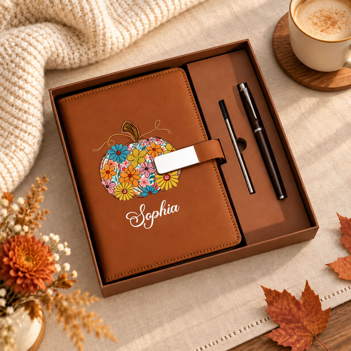 Personalized Notebook Thanksgiving Gift, Fall Floral Pumpkin Gift for Teacher, Student, Family, Friends