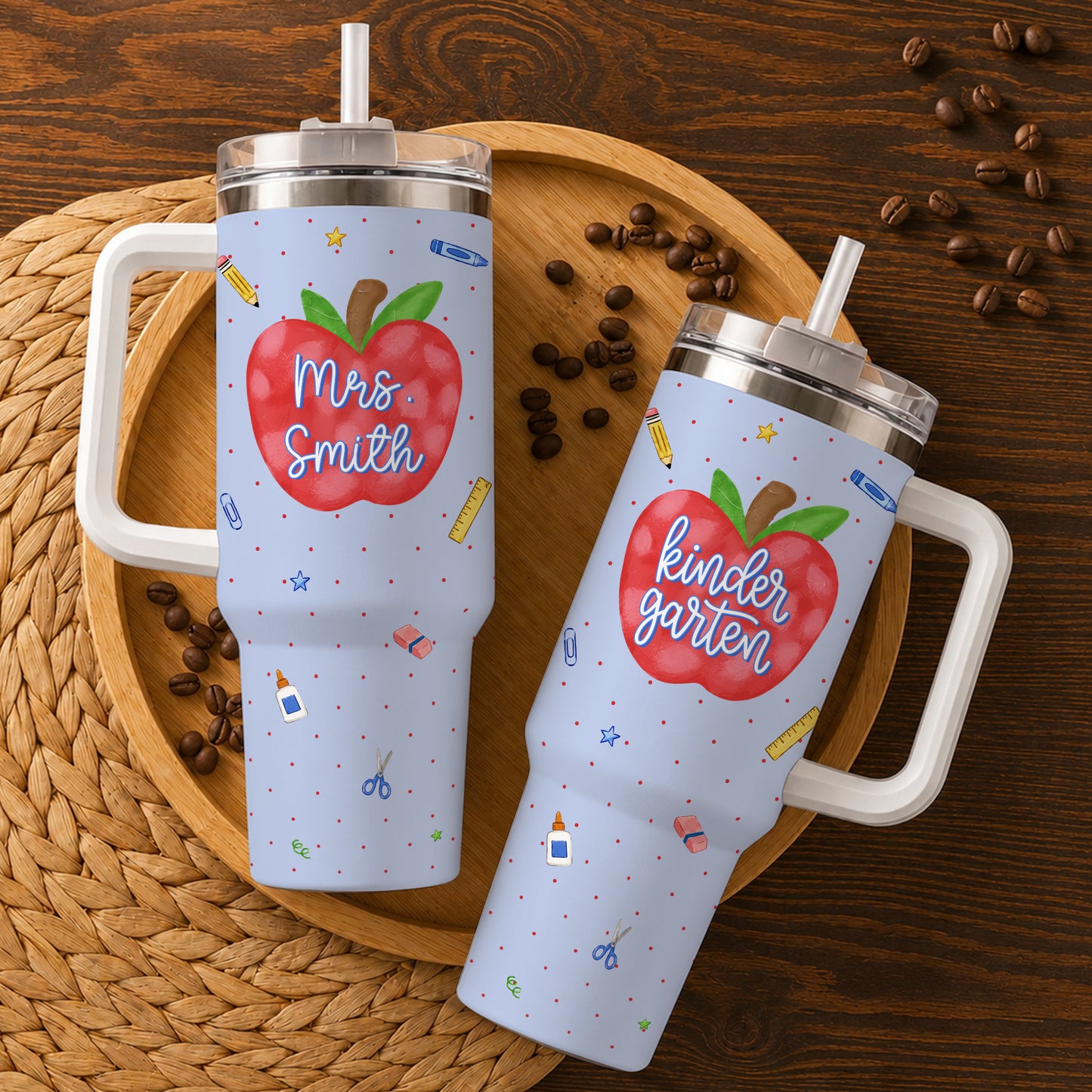Personalized Teacher & Student Tumbler 40oz with Handle – Custom Name & Grade, Striped Apple School Tumbler for Preschool to 8th Grade
