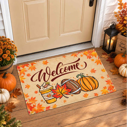 Fall Football Pumpkin Doormat, Welcome Autumn Leaves Door Mat, Thanksgiving Home Decor
