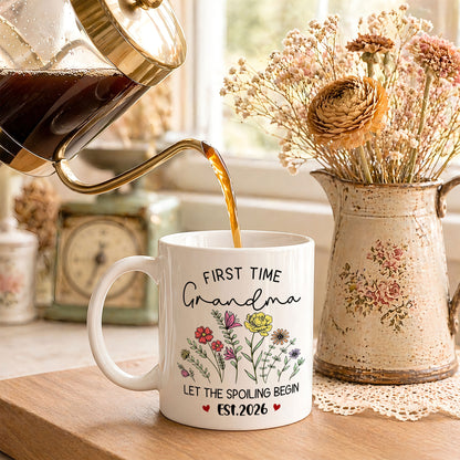 Personalized First Time Grandma Mug – Let The Spoiling Begin Coffee Mug, New Grandma Gift Est 2026
