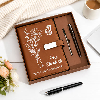 Birth Month Flower Teacher Journal - Custom Name Leather Notebook Gift Set - Teacher Appreciation Gift