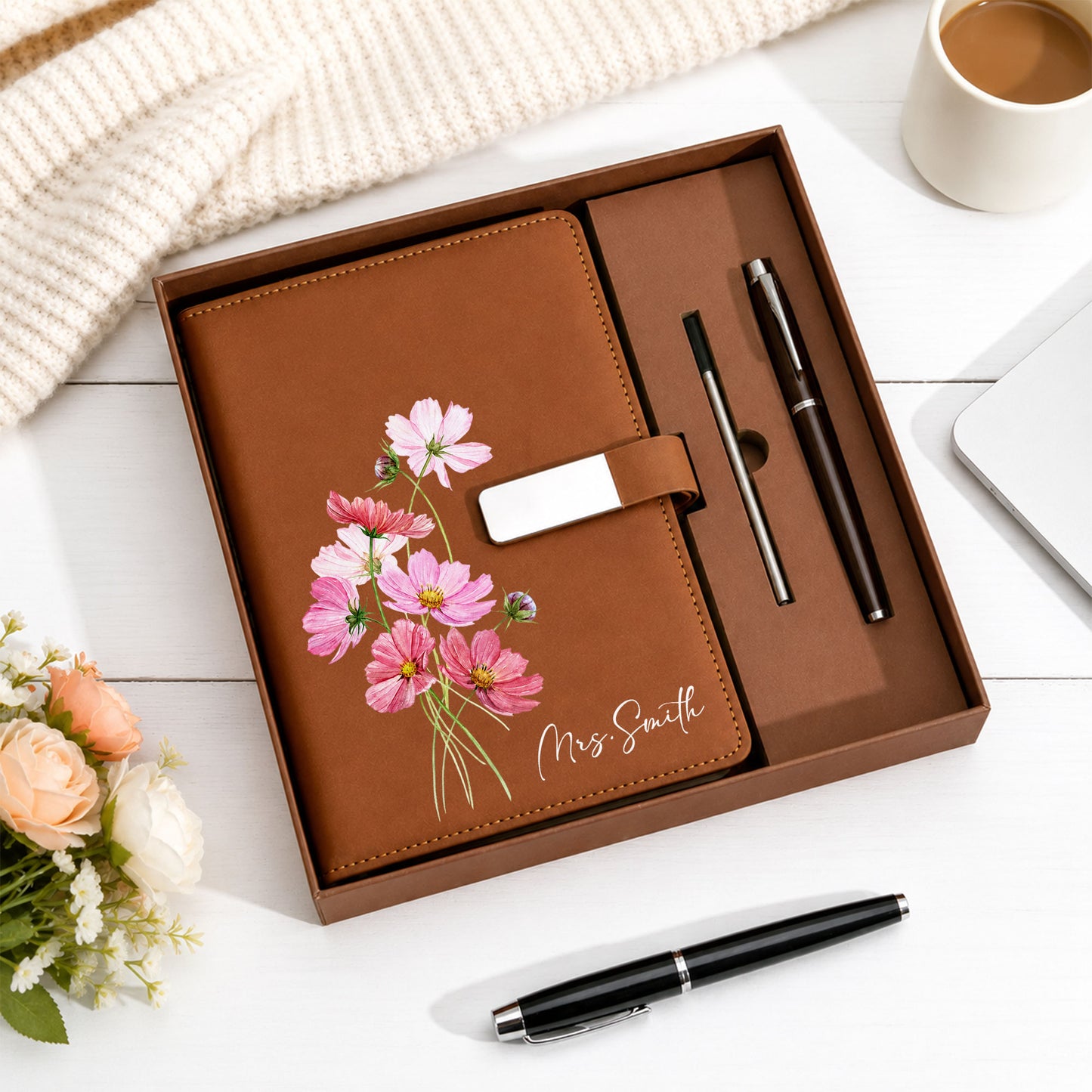 Personalized Leather Notebook Set with Custom Name, Floral Journal Gift Set with Pen for Women, Teacher, Student, Office