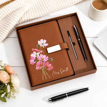 Personalized Leather Notebook Set with Custom Name, Floral Journal Gift Set with Pen for Women, Teacher, Student, Office