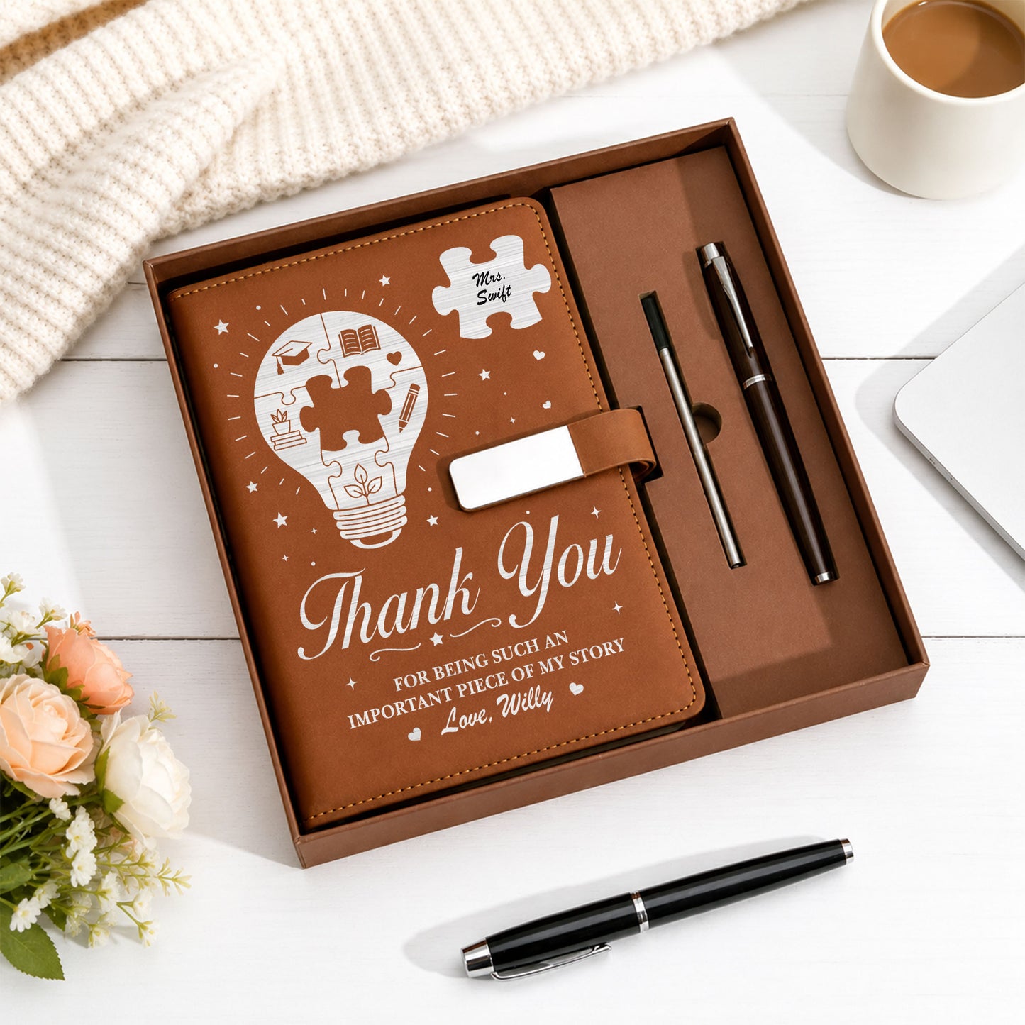 Thank You Teacher Journal Book - Custom Name Leather Notebook Gift Set - Teacher Appreciation Gift
